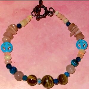 Blue & GoldenTigers Eye, Sunstone, Neon Blue Apatite & Rainbow Opal Bracelet